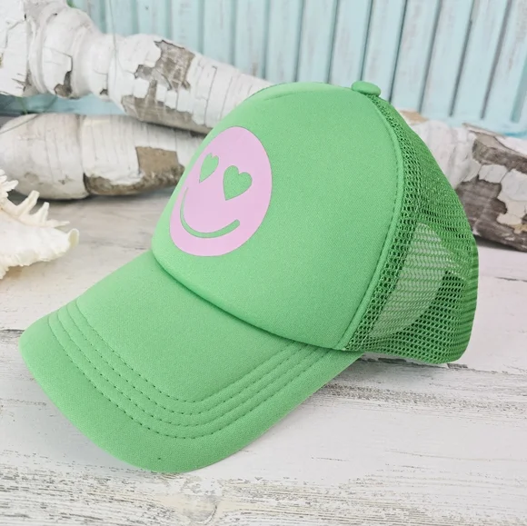 NWT Green Trucker Hat with Pink Smiley Face - Picture 4 of 5